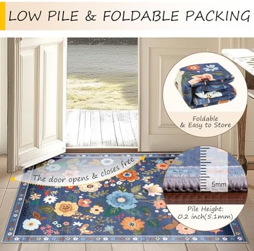 RELEANY Floral Washable Round 6ft Area Rug Blue/Grey - Image 4
