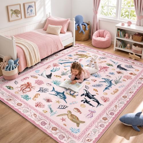 Arenarug 8x10 Kids Playroom Rug Washable Coastal Nursery Rug, Blush Pink by ArenaRug