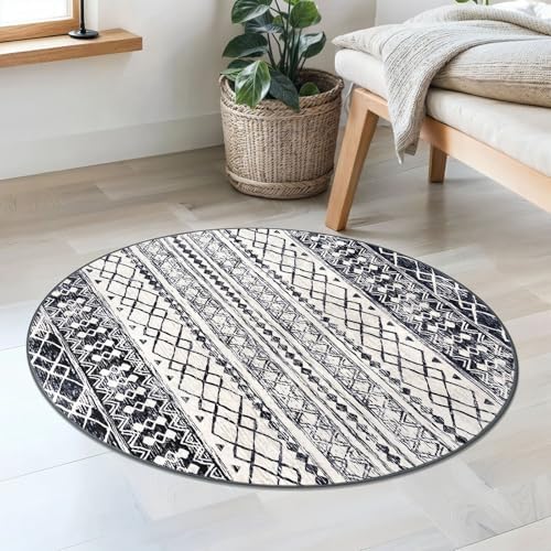 KUTA Round Washable Rug 3Ft Boho Black Navy Blue Distressed Geometric - Image 3