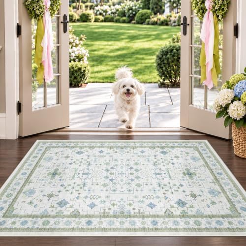 Blue and Green Washable Entryway Rugs 3x5 - Vintage Boho Floral Pastel Cream, Washable Low Pile Non Slip Small Throw Accent Area Rug for Door Mat Indoor Entrance, Kitchen, Bedroom Beside Bed Decor by HazoHaus