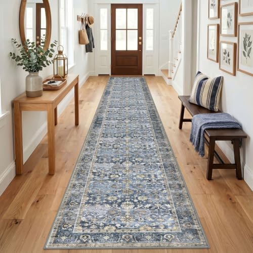 KUTA Vintage Washable Long Wide Runner Rug 3x18 Blue Grey Beige by KUTA