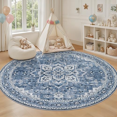 Round Area Rug for Living Room: 4ft Washable Rug for Bedroom Blue - Image 5