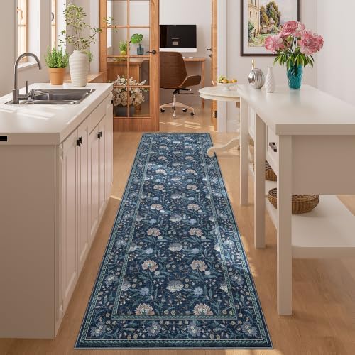 DUKINO 2x6 Runner Rug, Washable Vintage Floral Kitchen Rug, Dark Blue - Image 5