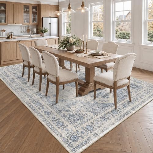 Washable 8x10 Bedroom Area Rug Soft Medalion Retro Blue Large Carpet - Image 4