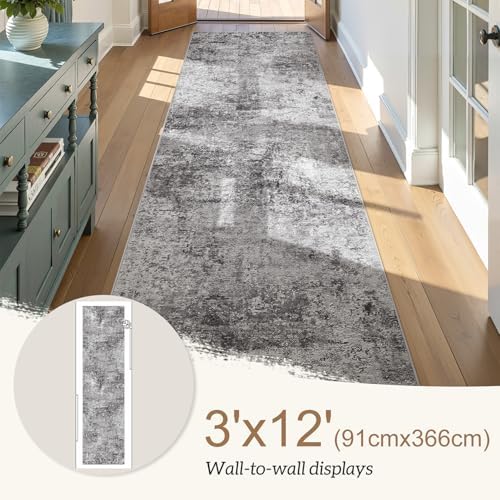 DMOYEST Washable Runner Rug for Hallway: 3x12 Neutral Modern Abstract Low Pile Area Rug with Non-Slip Backing - Carpet for Bedroom Kitchen Laundry Entryway Bathroom Indoor - Grey - Image 2