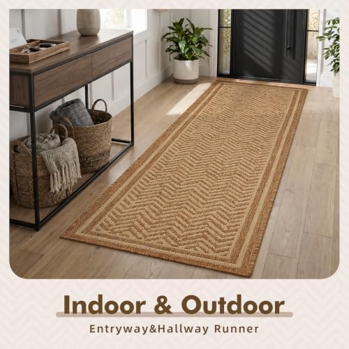 MontVoo-2x6 ft Indoor Outdoor Runner Rugs for Entryway Porch Hallway Kitchen Door Entrance Long, Textured Weave Polypropylene, Durable for High Traffic, Fade-Resistant, Boho Geometric Neutral Brown - Image 3