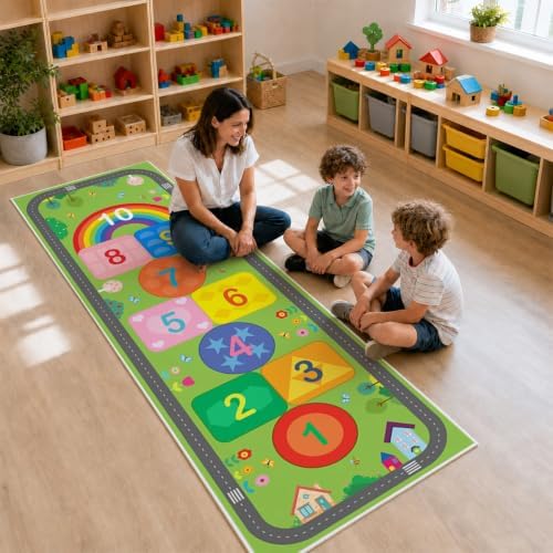 Hop and Count Hopscotch Rug for Kids, Educational Classroom Rugs with Geometric Shapes Number, Non Slip Kids Play Mat Rug Game Carpet for Bedroom Nursery Daycare Boy Girl - Green, 24''x72'' - Image 7
