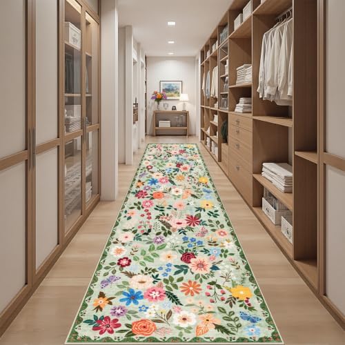 PLHXFR 2.6x14 Washable Runner Rug：Floral Indoor Kitchen Soft Carpet Green - Image 5
