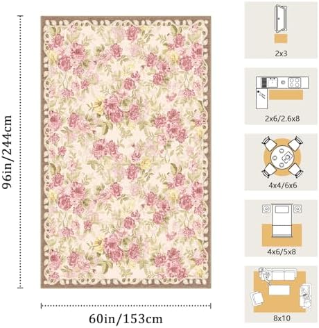 Washable 5x8 Area Rug, Cream Boho Floral Non-Slip for Living Room, Bedroom - Image 2