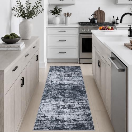 2x5 Washable Runner Rug：Modern Abstract Kitchen Carpet Black by FXRHLP