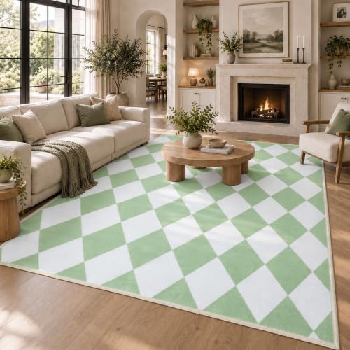 5x7 Checkered Area Rug for Living Room, Soft Low Pile Green Rugs by Unknown