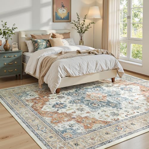 8x10 Area Rugs for Living Room, Boho Washable Rug Beige & Orange - Image 2