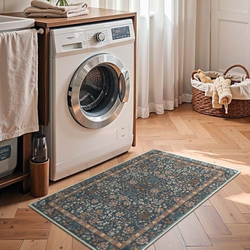 jinchan 2x3 Washable Entryway Area Rug, Floral Non-Slip, Dark Blue - Image 4