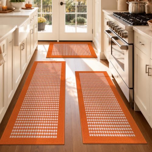 Ileading Fall Kitchen Rugs Set of 3 Piece Washable Orange Autumn Runner Rug by Ileading