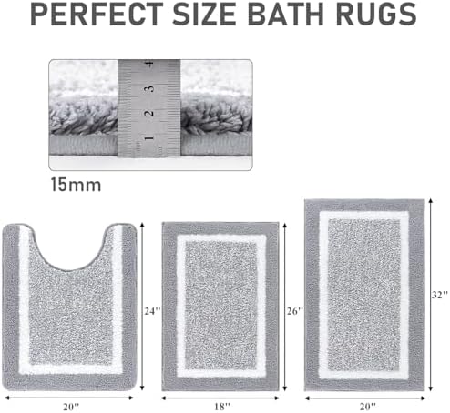 Pauwer 3 Piece Bathroom Rug Set, Non Slip Washable Bath Mat, Light Grey - Image 2
