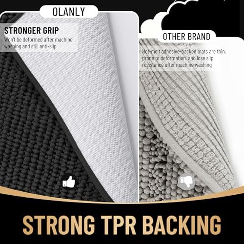 OLANLY Thick Chenille Bathroom Rugs 30x20, Soft Absorbent Bath Mat, Black - Image 5