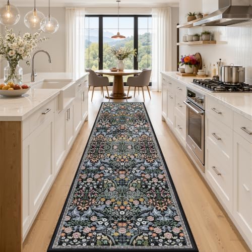 PLHXFR 2.6x14 Washable Runner Rug：Floral Indoor Kitchen Carpet Dark Black by PLHXFRSoftAreaRugs