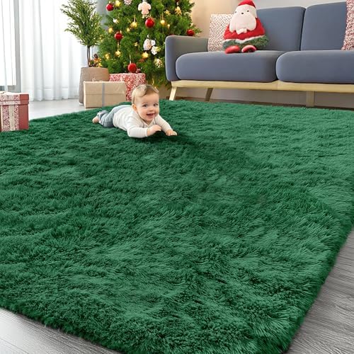 OLANLY 9x12 Machine Washable Large Area Rugs for Living Room, Bedroom, Soft Fluffy Shaggy Bedside Rug, Indoor Floor Carpet for Kids Girls and Boys, Dorms, Nursery, Home Decor Aesthetic, Dark Green by OLANLY