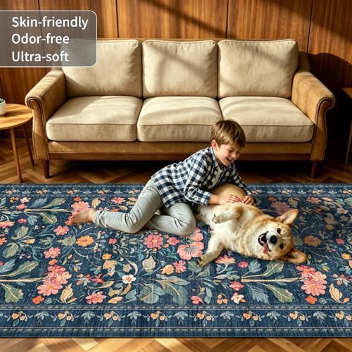 2x6 Soft Washable Runner Rugs: Velvet Feel & 5-10 Degrees Warmer Underfoot - Cottagecore Floral Hallway Carpet for Bedroom Kitchen Entryway - Family & Pet Friendly (Navy Distressed) - Image 3