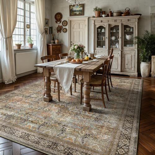6x9 Area Rugs - Washable Vintage Retro Living Room Rug, Soft Ultra Thin Non Slip Low Pile Traditional Distressed Boho Carpet for Bedroom Dining Room Nursery Home Office, Beige & Terracotta - Image 4