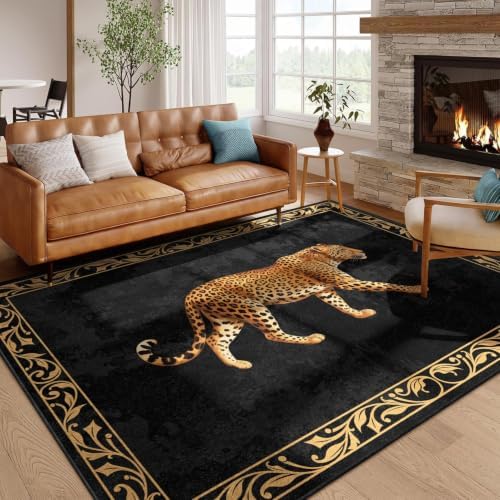 Black Leopard Area Rug 2x3 Luxury Vintage Washable Floor Mat by Unknown