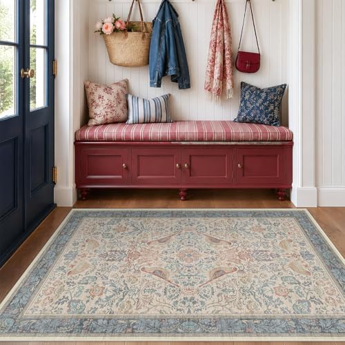 Boho Floral Bird Pattern 4x6 Large Mudroom Rug - Natural Red Blue Washable Reading Corner Area Rug, Modern Vintage Kitchen Floor Carpet, Low Pile Non-Slip Carpet for Door Mat Indoor Entrance by HazoHaus