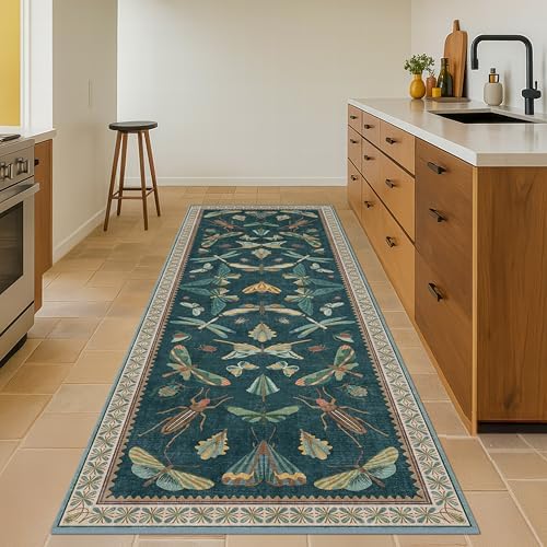 Hazo Haus Green Boho Runner Rug 3x8, Foldable Washable Carpet for Hallway & Kitchen, Vintage Insect Design - Image 3
