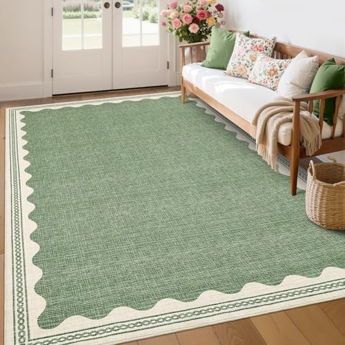 GarveeHome Scalloped Sage Green Washable Rugs 10x13 Rug for Living Room Non-Slip Solid Modern Minimalism 10 x 13 Rug Low-Pile Carpet for Bedroom Dining Nursery Mat with Rubber Back - Image 2