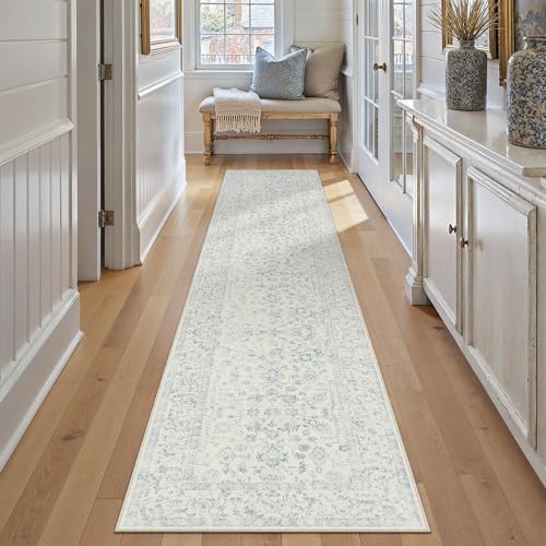 PureCozy 2x14 Blue Runner Rug Washable Hallway Non Slip Kitchen Vintage - Image 3