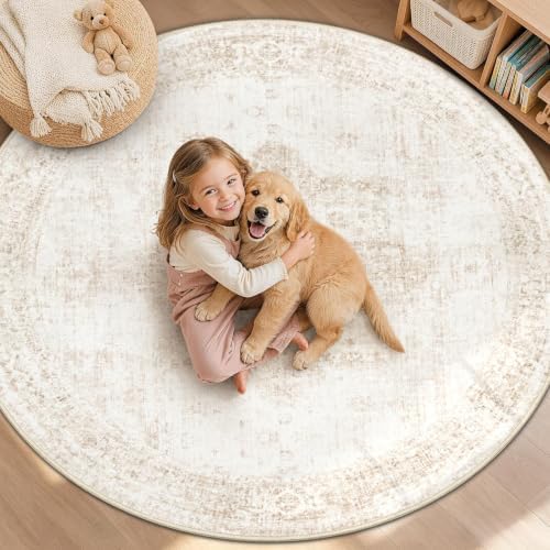 Round Rugs 8ft Washable Rug, Vintage Boho Medallion Rugs Non-Slip Soft Low Pile Circle Distressed Rug Indoor Retro Carpet for Living Room Bedroom Dining Room Home Office (Beige, 8' Round) - Image 5