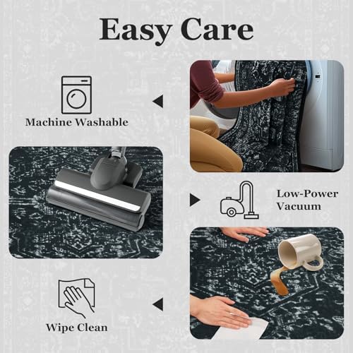 Black Vintage Distressed 8x10 Area Rugs for Living Room, Washable Non Slip Bedroom Rugs Under Bed Faux Wool Soft, Dark Medallion Pinted Thin Carpet for Dining Room Home Office - Image 5