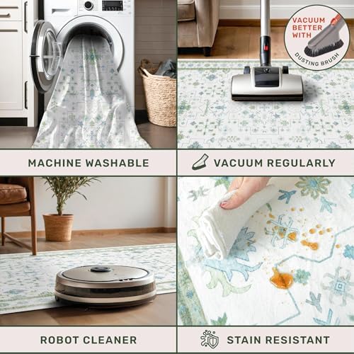 Cream Green Large 8x12 Area Rug for Living Room - Washable Non Skid Geometric Floral Carpet for Dining Room, Playroom, Bedroom - Blue and Green Soft Floral Rug - Image 4