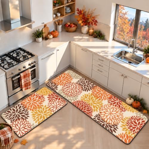 Orange Fall Kitchen Mats for Floor, Cushioned Anti Fatigue Memory Foam Kitchen Rugs Set of 2, Non Slip Waterproof Kitchen Runner Floor Mat, Comfort Standing Mat for Sink, Laundry, Autumn Home Decor - Image 3
