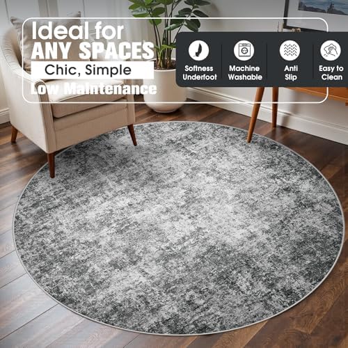 Aelenmu Round Rug 5ft Washable Rug for Dining Room Living Room Black Grey - Image 3