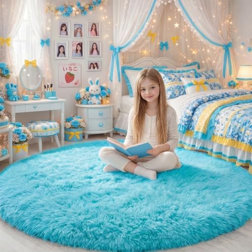 Amdrebio Blue Large Fuzzy Round Circle Area Rug 6Ft for Living Room Bedroom by Amdrebio