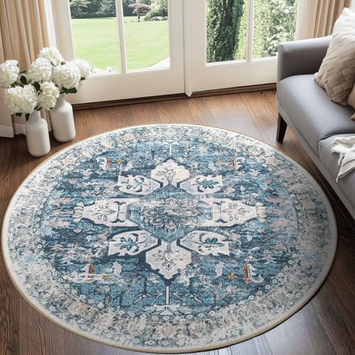 BESTSWEETIE Washable Boho Round 8ft Area Rug for Living Room, Blue Navy by BESTSWEETIE