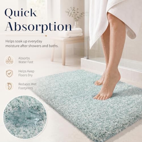 Yimobra Bathroom Rugs Non Slip Washable 32X20, Bath Mat, Light Blue&White - Image 5