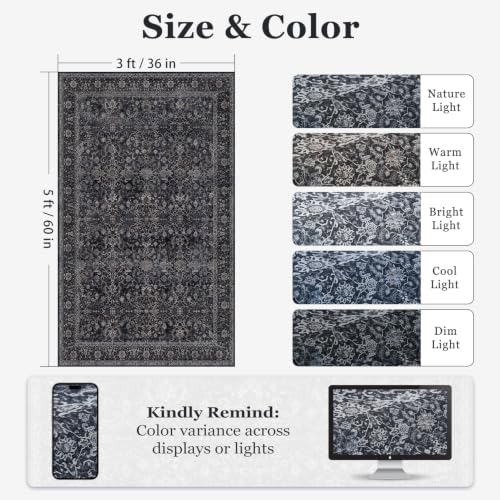 Vintage Dark 3x5 Entryway Rug Indoor Foyer, Earth Tone Farmhouse Throw Rug for Kitchen Bathroom, Machine Washable Non Slip Thin Area Rug for Nursery/Bedroom Bedside/Home Office/Dorm, Midnight - Image 2