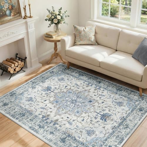 RELEANY Washable Area Rug, 4'x5', Blue/White/Gray by RELEANY