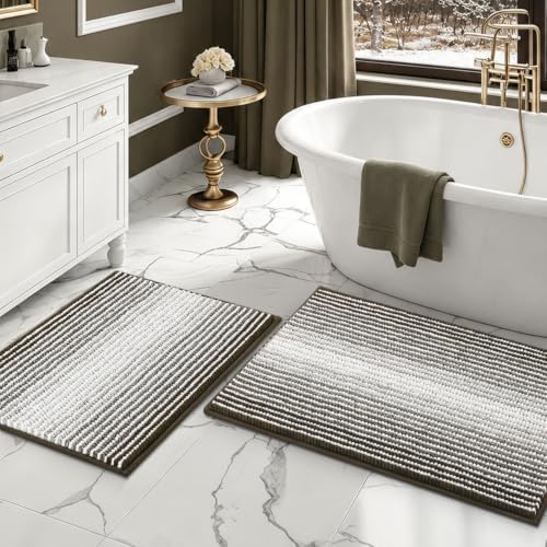 BSICPRO Bathroom Rugs Sets 2 Piece, Non Slip Striped Bath Mats, Latte by BSICPRO