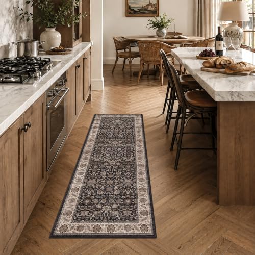 Washable 2x6 Kitchen Non-Slip Runner Rug Charcoal Beige Throw Carpet - Image 2