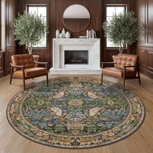 Washable Round Area Rugs 6ft for Living Room, Green Forest Soft Non-Slip Circle Rug with Rubber Backing, Vintage Large Boho Floral Bird Carpet for Bedroom, Kitchen, Nursery, Stain Resistant - Image 6
