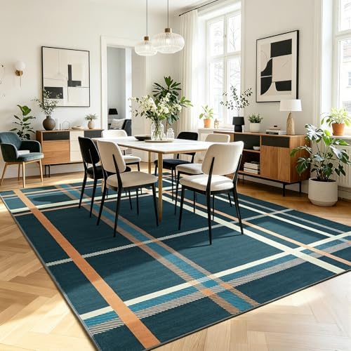 Terrug Blue Striped Checkered Rug for Living Room, 5x7 Washable Area Rugs - Image 3