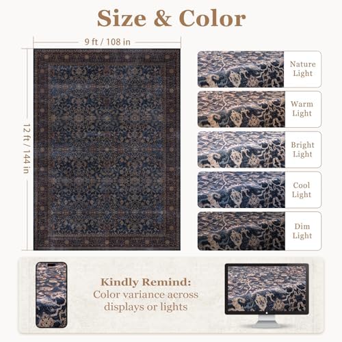 Washable Area Rug 9x12 for Living Room, Vintage Old Money, Dark Blue - Image 2