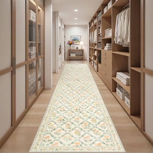 PLHXFR 2.6x14 Washable Runner Rug：Floral Indoor Kitchen Carpet Beige Multi - Image 5