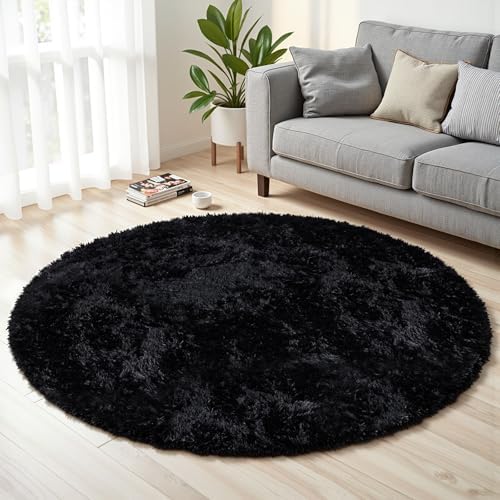 Black Round Fluffy Rug 6ft Plush Fuzzy Shaggy Carpet by Unknown