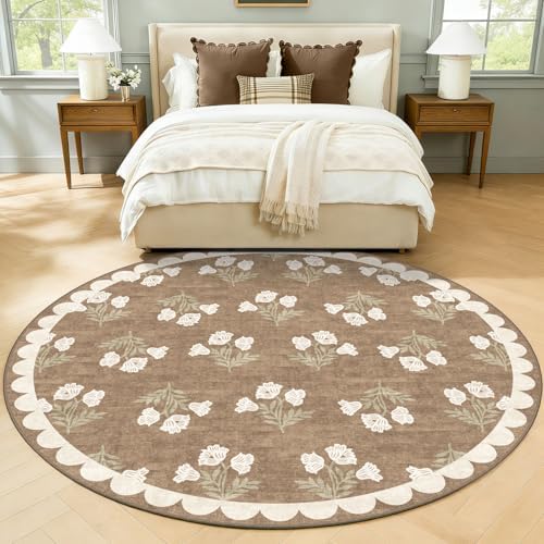 Tan Neutral Round Rug 5ft, Washable Floral Boho Scalloped Rug - Image 4