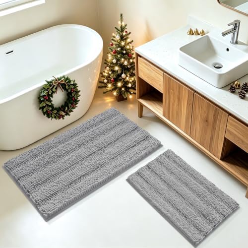 Striped Light Grey Bathroom Rug Mat Set 2 piece 32"x20"+24"x17" Ultra Soft, Non Slip Chenille Bath Rugs, Absorbent Plush Shaggy Bath Mats for Bathroom, Bedroom, Kitchen, Shower, Tub,Light Gray by ACCUMTEK