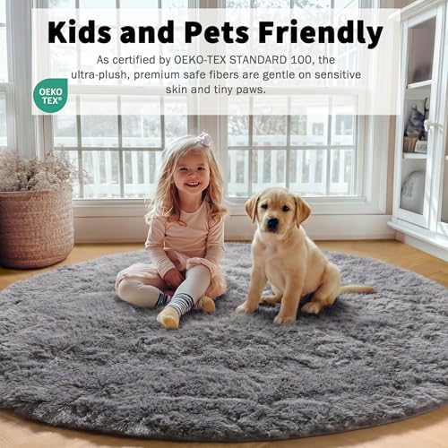 ONASAR Grey Round Rugs 8ft for Living Room, Fluffy Bedroom Circle Area Rug, Soft Plush Shaggy Carpet for Kids Girls Boys Teen Nursery Dorm Classroom Playroom Home Decor Aesthetic - Image 6