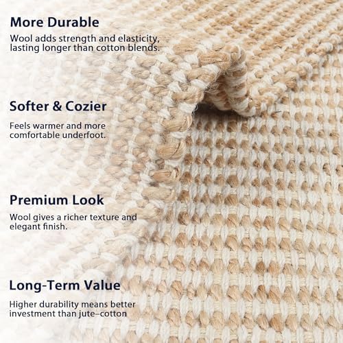 6x9 feet Jute & Wool Mini Check Area Rug with 4-Inch Border | Handwoven, Pile - 0.6"| Living Room, Dining & Bedroom Rug, Neutral Indoor Natural Farmhouse Décor (6' x 9') - Image 3